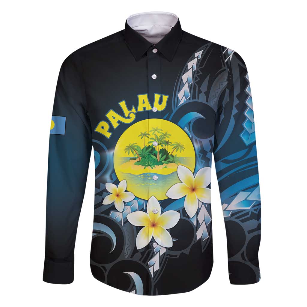 Palau United Nations Day Family Matching Long Sleeve Bodycon Dress and Hawaiian Shirt Polynesian Curves Plumeria LT05 Dad's Shirt - Long Sleeve Black - Polynesian Pride