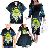 Palau United Nations Day Family Matching Off The Shoulder Long Sleeve Dress and Hawaiian Shirt Polynesian Curves Plumeria - Polynesian Pride