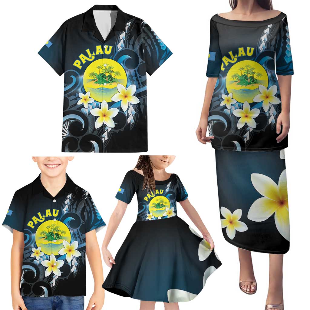 Palau United Nations Day Family Matching Puletasi and Hawaiian Shirt Polynesian Curves Plumeria - Polynesian Pride