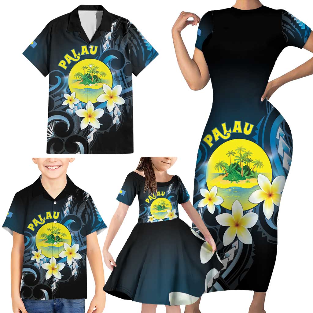 Palau United Nations Day Family Matching Short Sleeve Bodycon Dress and Hawaiian Shirt Polynesian Curves Plumeria - Polynesian Pride