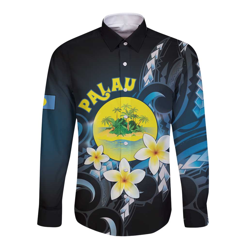 Palau United Nations Day Long Sleeve Button Shirt Polynesian Curves Plumeria - Polynesian Pride