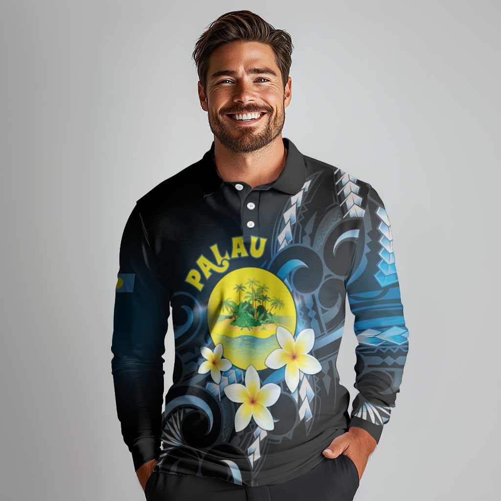 Palau United Nations Day Long Sleeve Polo Shirt Polynesian Curves Plumeria - Polynesian Pride