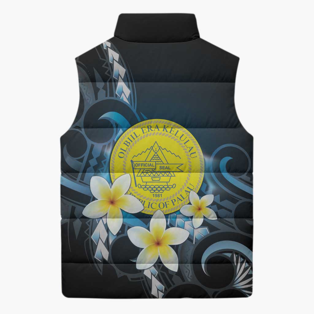 Palau United Nations Day Sleeveless Puffer Jacket Polynesian Curves Plumeria - Polynesian Pride