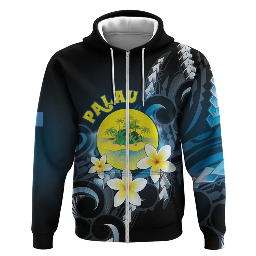 Palau United Nations Day Zip Hoodie Polynesian Curves Plumeria - Polynesian Pride