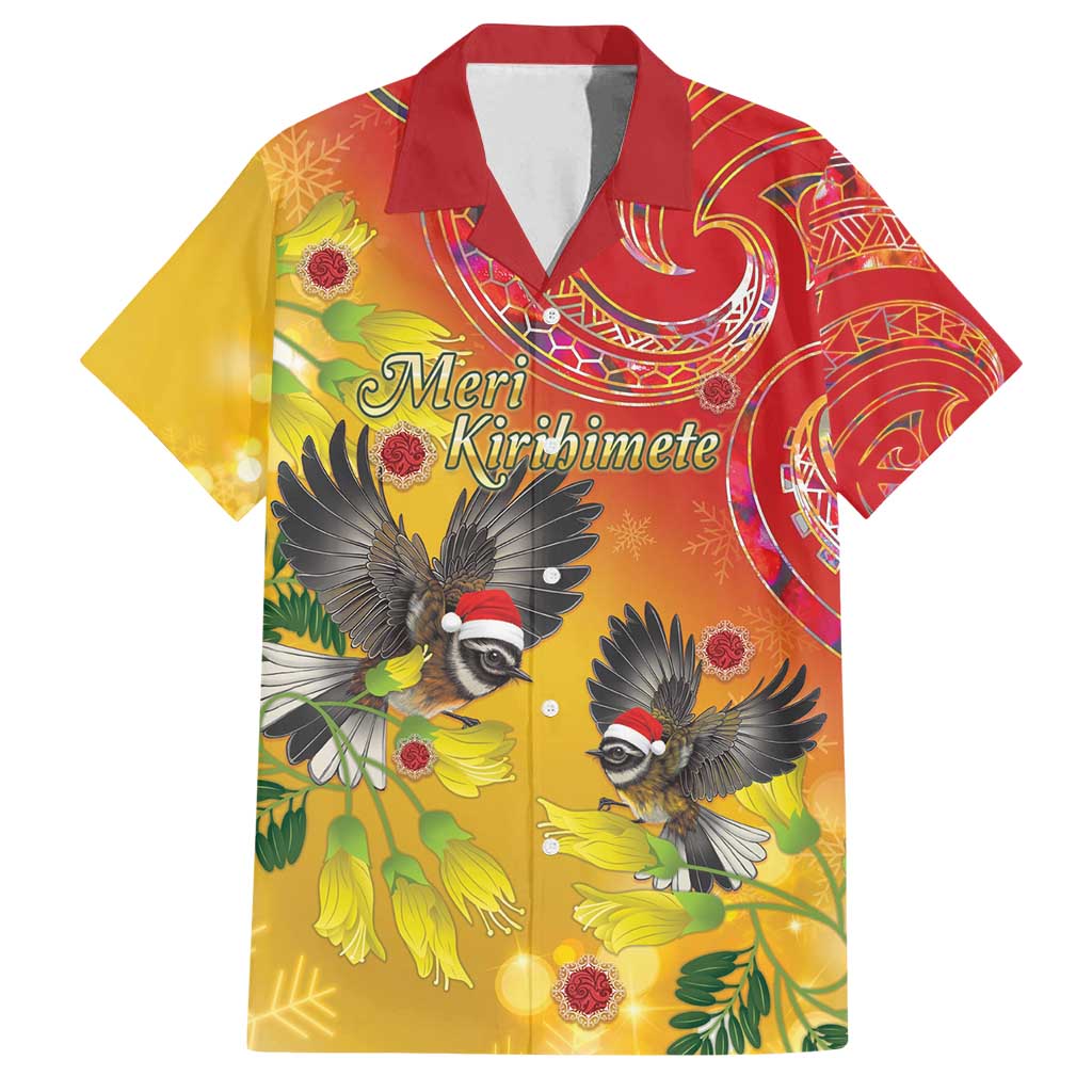 New Zealand Piwakawaka Christmas Family Matching Off Shoulder Maxi Dress and Hawaiian Shirt With Maori Pattern LT05 Dad's Shirt - Short Sleeve Yellow - Polynesian Pride