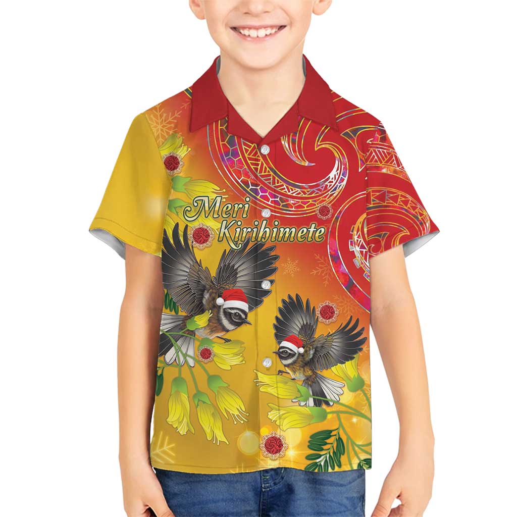 New Zealand Piwakawaka Christmas Family Matching Off Shoulder Maxi Dress and Hawaiian Shirt With Maori Pattern LT05 Son's Shirt Yellow - Polynesian Pride