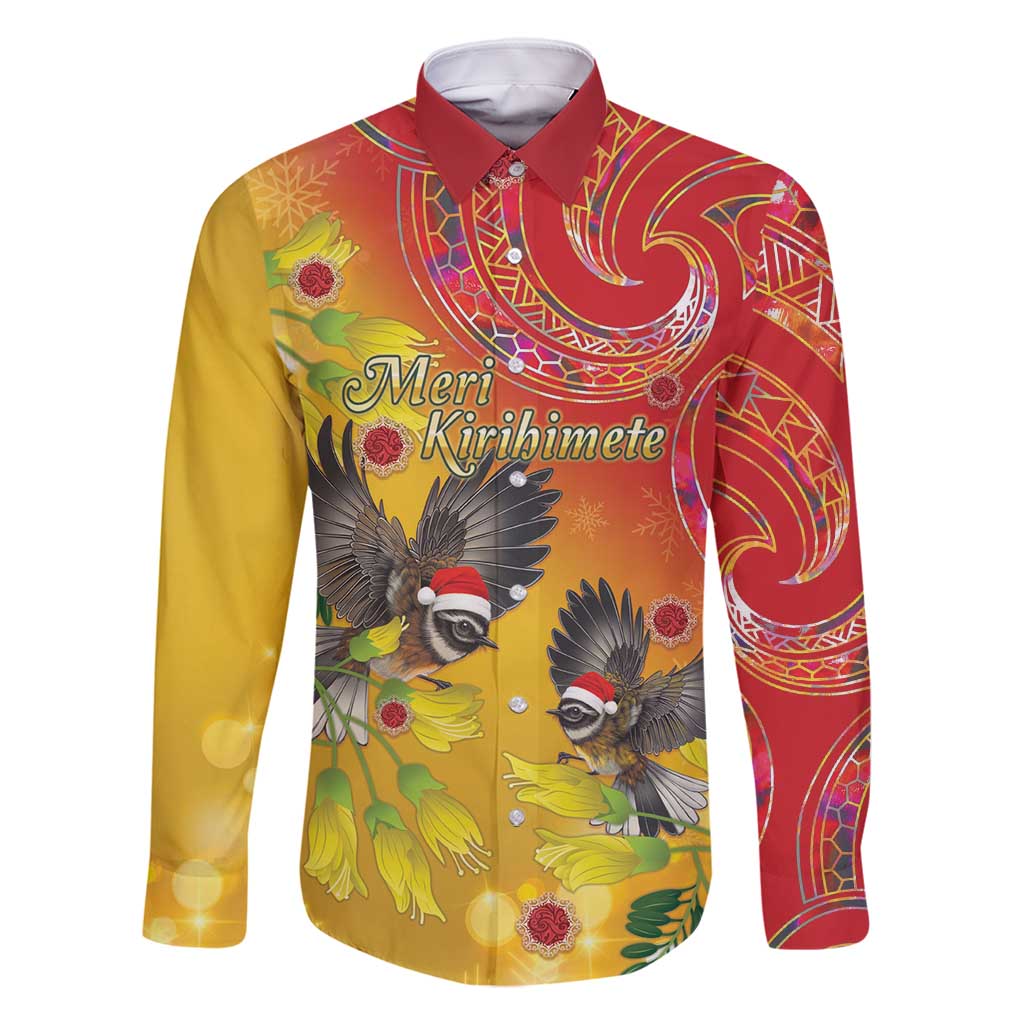 New Zealand Piwakawaka Christmas Family Matching Off Shoulder Short Dress and Hawaiian Shirt With Maori Pattern LT05 Dad's Shirt - Long Sleeve Yellow - Polynesian Pride