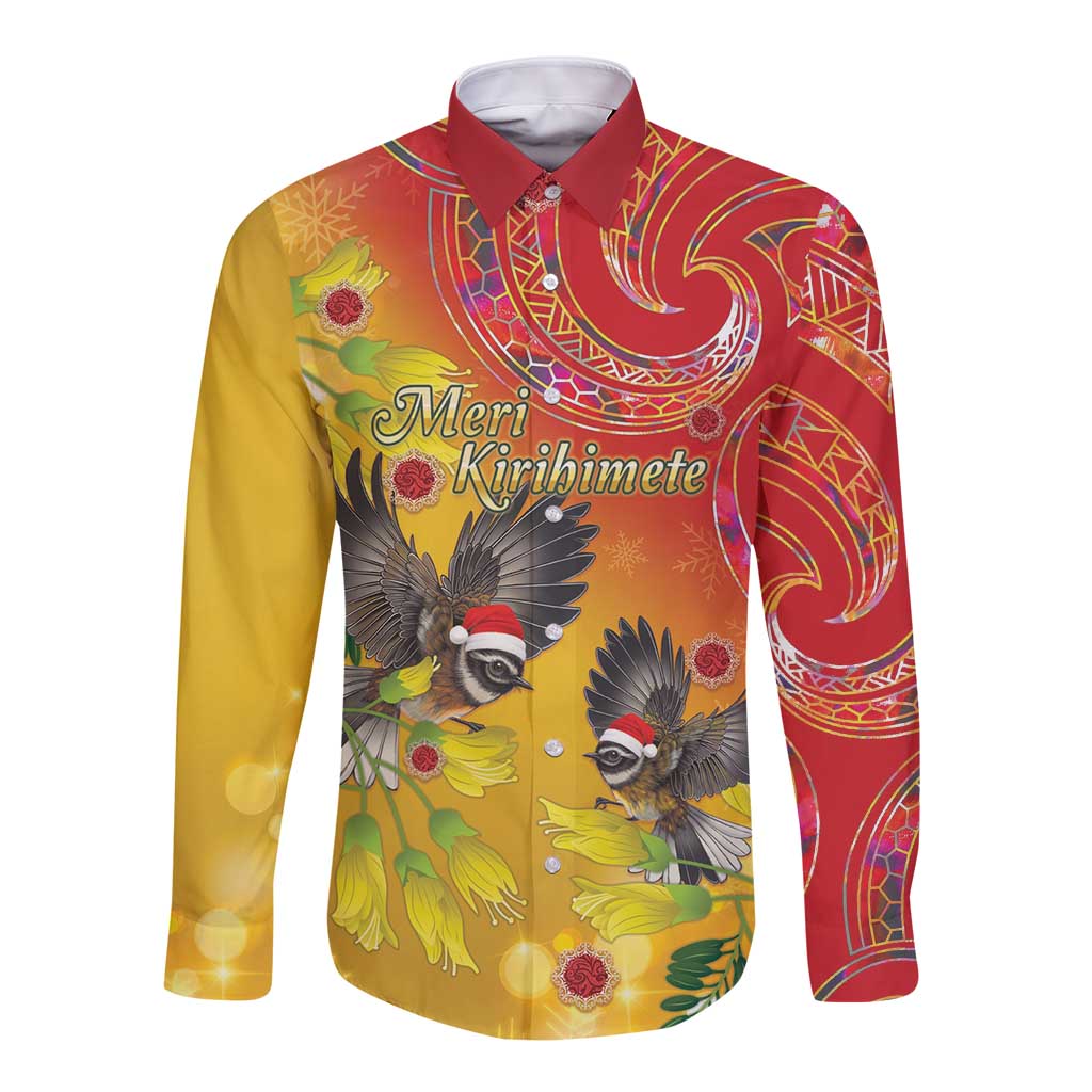 New Zealand Piwakawaka Christmas Long Sleeve Button Shirt With Maori Pattern LT05 Unisex Yellow - Polynesian Pride