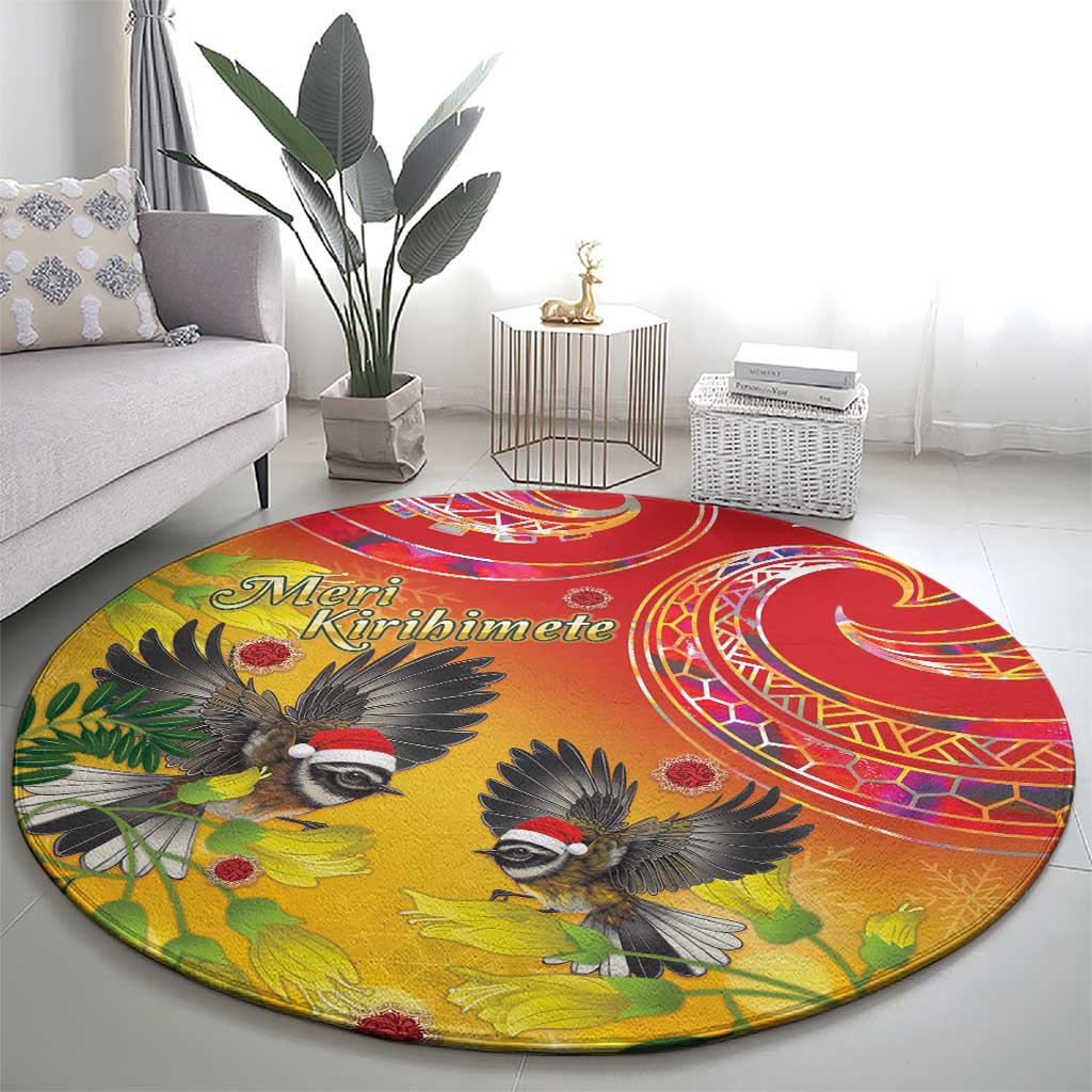New Zealand Piwakawaka Christmas Round Carpet With Maori Pattern