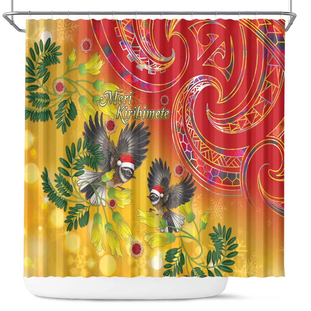 New Zealand Piwakawaka Christmas Shower Curtain With Maori Pattern LT05 Yellow - Polynesian Pride