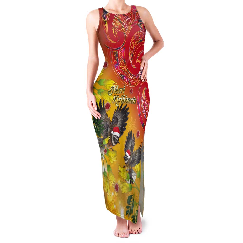 New Zealand Piwakawaka Christmas Tank Maxi Dress With Maori Pattern LT05 Women Yellow - Polynesian Pride