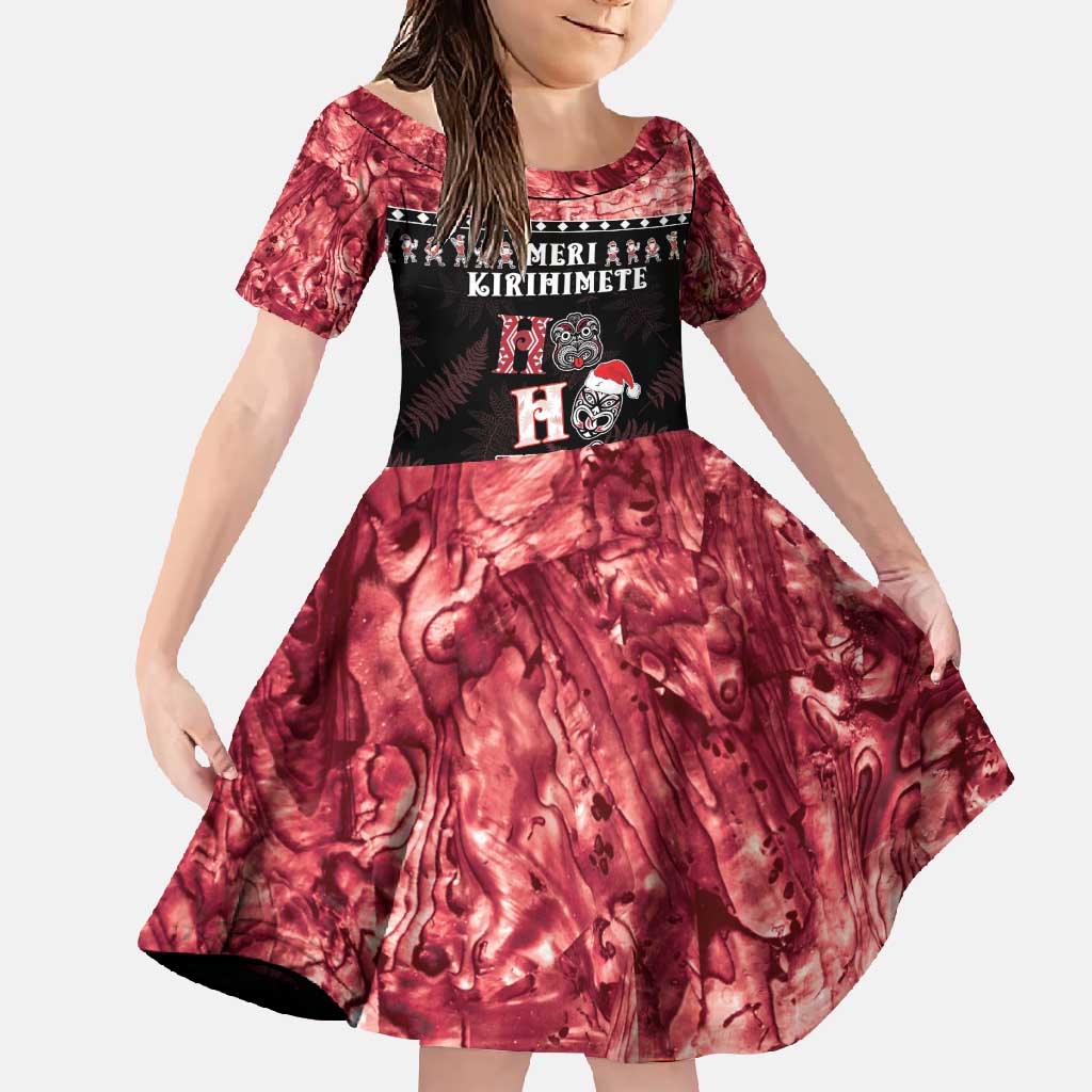 Personalised New Zealand Tiki Christmas Family Matching Mermaid Dress and Hawaiian Shirt Ho Ho Ho Paua Shell Glitter Red LT05 Daughter's Dress Black - Polynesian Pride