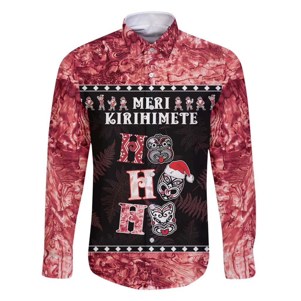 Personalised New Zealand Tiki Christmas Family Matching Off Shoulder Short Dress and Hawaiian Shirt Ho Ho Ho Paua Shell Glitter Red LT05 Dad's Shirt - Long Sleeve Black - Polynesian Pride