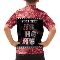 Personalised New Zealand Tiki Christmas Family Matching Short Sleeve Bodycon Dress and Hawaiian Shirt Ho Ho Ho Paua Shell Glitter Red LT05 - Polynesian Pride