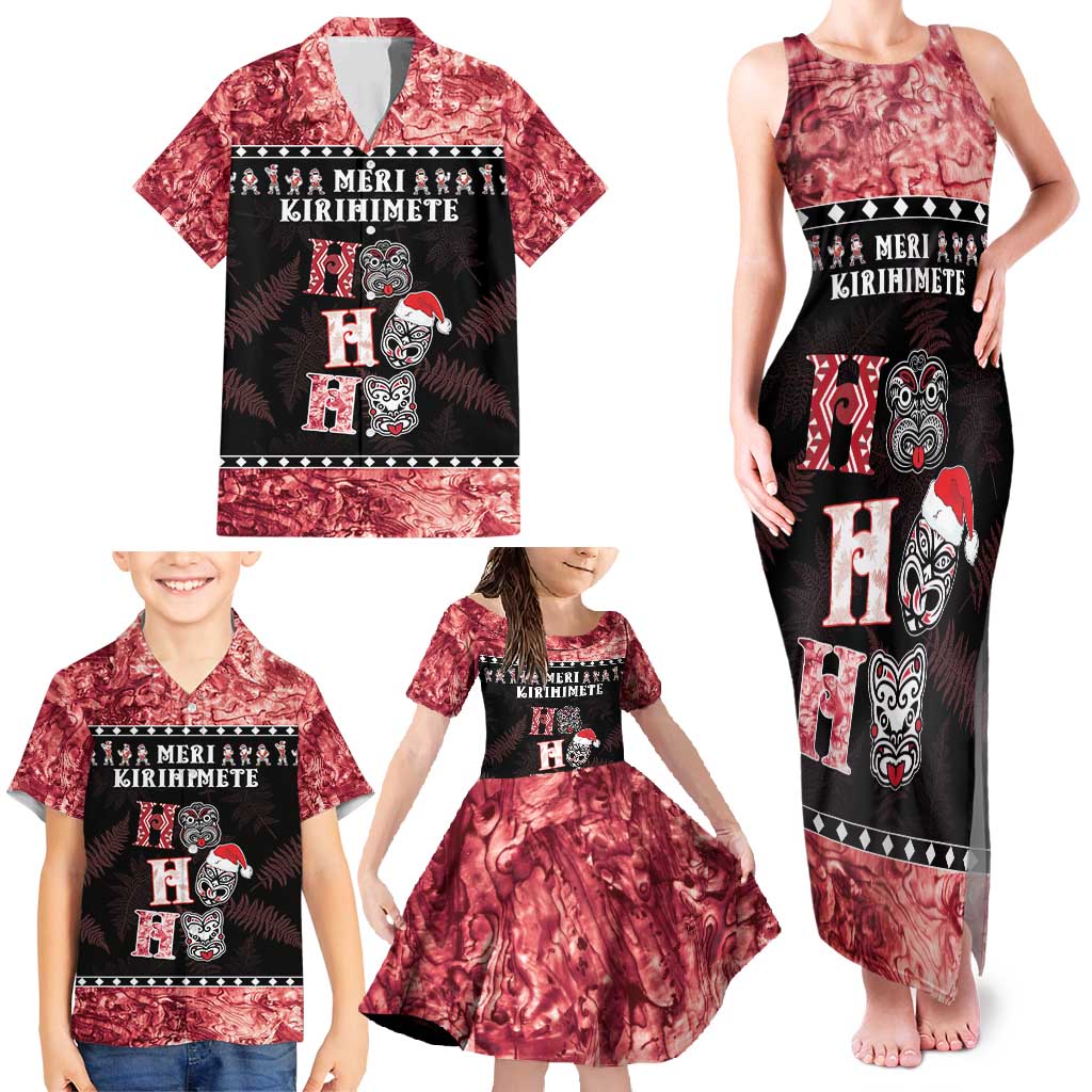Personalised New Zealand Tiki Christmas Family Matching Tank Maxi Dress and Hawaiian Shirt Ho Ho Ho Paua Shell Glitter Red LT05 - Polynesian Pride