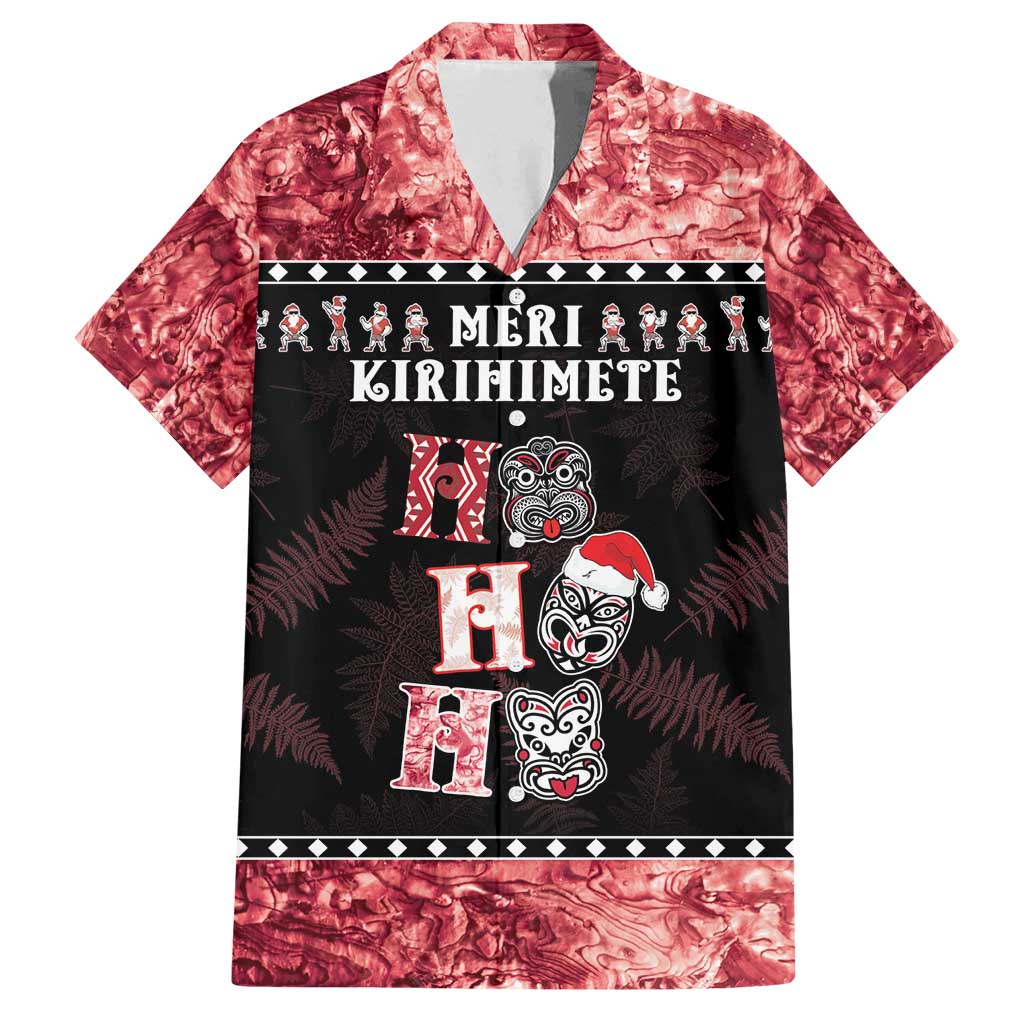 Personalised New Zealand Tiki Christmas Family Matching Tank Maxi Dress and Hawaiian Shirt Ho Ho Ho Paua Shell Glitter Red LT05 Dad's Shirt - Short Sleeve Black - Polynesian Pride