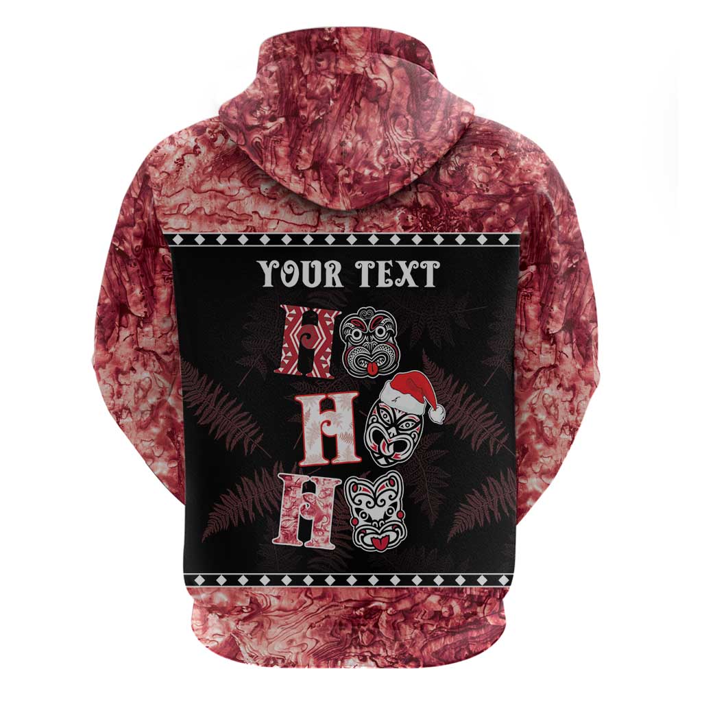 Personalised New Zealand Tiki Christmas Hoodie Ho Ho Ho Paua Shell Glitter Red