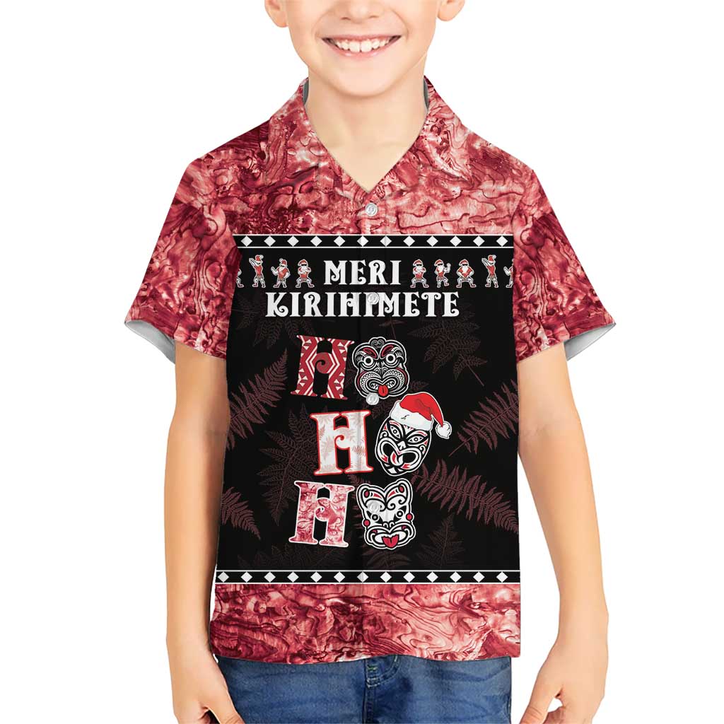 Personalised New Zealand Tiki Christmas Kid Hawaiian Shirt Ho Ho Ho Paua Shell Glitter Red LT05 Kid Black - Polynesian Pride