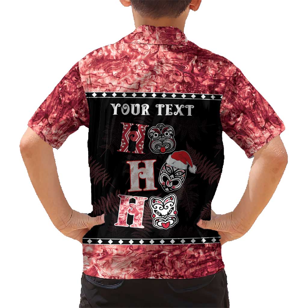 Personalised New Zealand Tiki Christmas Kid Hawaiian Shirt Ho Ho Ho Paua Shell Glitter Red LT05 - Polynesian Pride