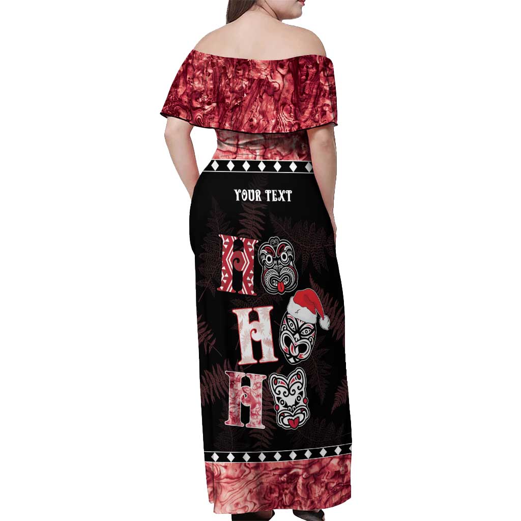 Personalised New Zealand Tiki Christmas Off Shoulder Maxi Dress Ho Ho Ho Paua Shell Glitter Red