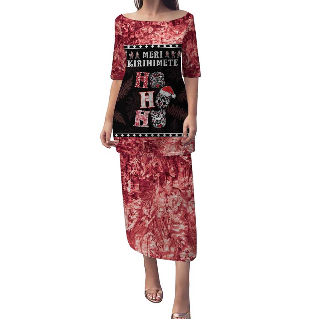 Personalised New Zealand Tiki Christmas Puletasi Ho Ho Ho Paua Shell Glitter Red