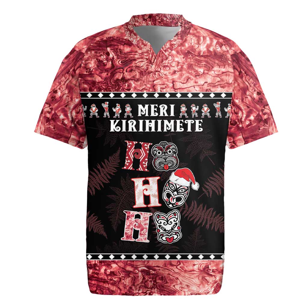 Personalised New Zealand Tiki Christmas Rugby Jersey Ho Ho Ho Paua Shell Glitter Red LT05 Black - Polynesian Pride
