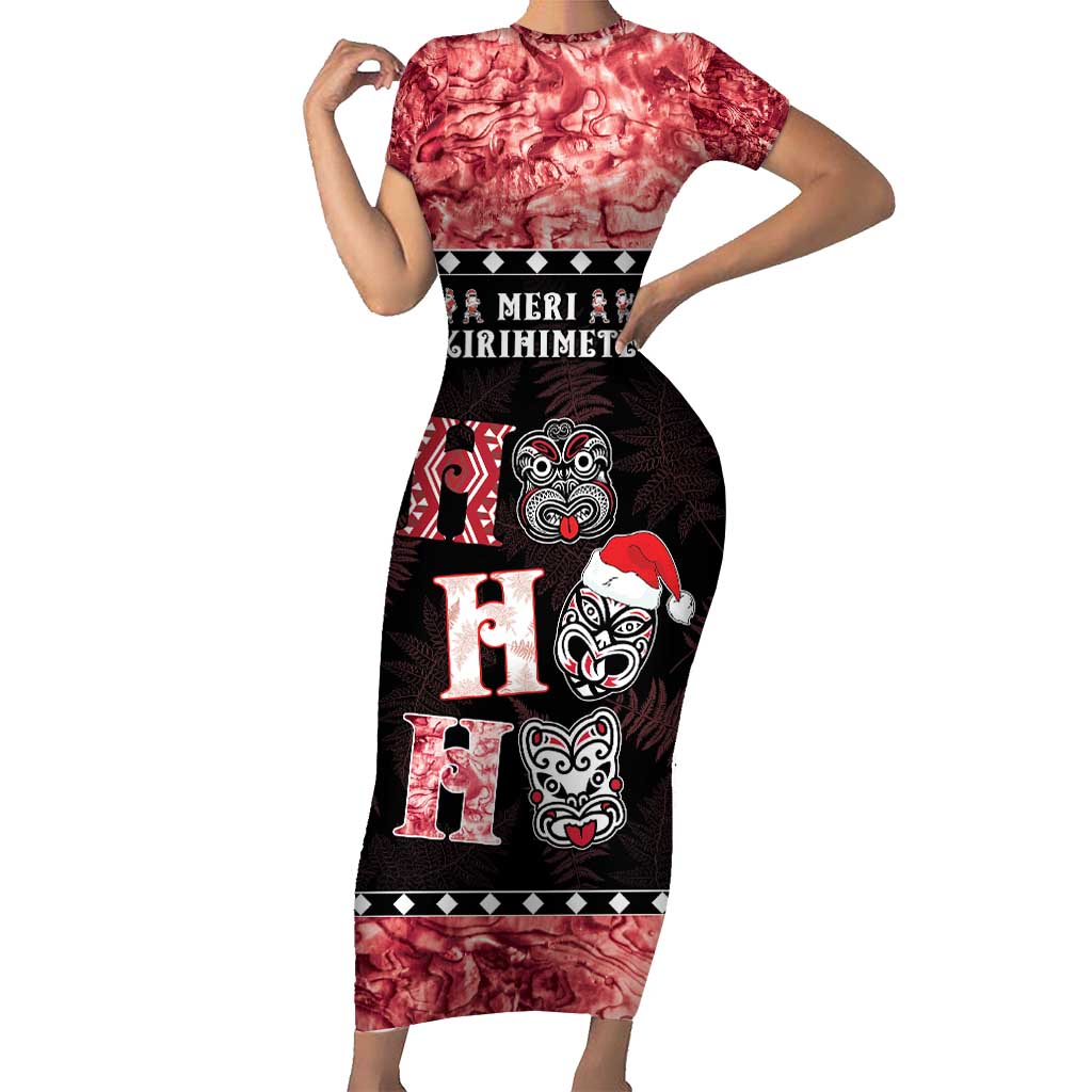 Personalised New Zealand Tiki Christmas Short Sleeve Bodycon Dress Ho Ho Ho Paua Shell Glitter Red