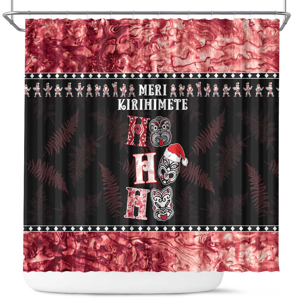 New Zealand Tiki Christmas Shower Curtain Ho Ho Ho Paua Shell Glitter Red LT05 Black - Polynesian Pride