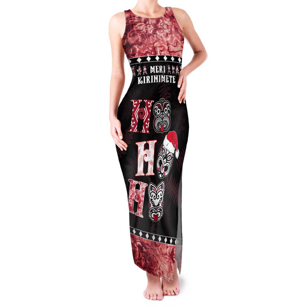 Personalised New Zealand Tiki Christmas Tank Maxi Dress Ho Ho Ho Paua Shell Glitter Red LT05 Women Black - Polynesian Pride