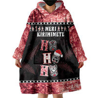 Personalised New Zealand Tiki Christmas Wearable Blanket Hoodie Ho Ho Ho Paua Shell Glitter Red