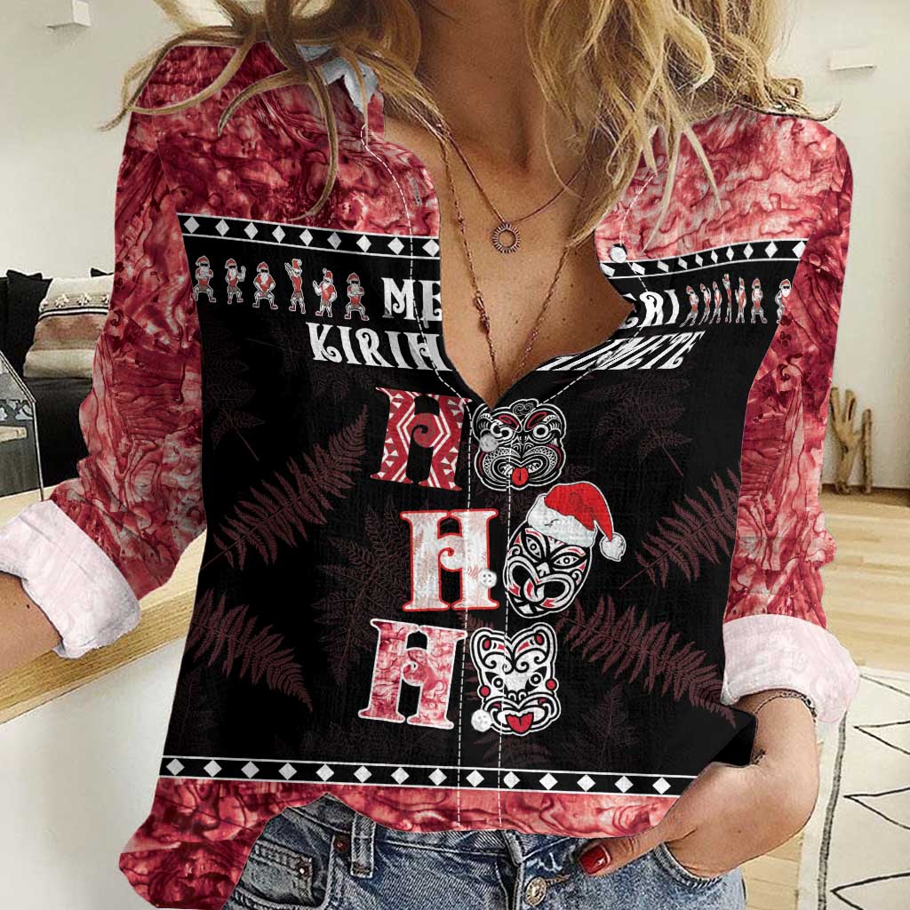 Personalised New Zealand Tiki Christmas Women Casual Shirt Ho Ho Ho Paua Shell Glitter Red LT05 Female Black - Polynesian Pride