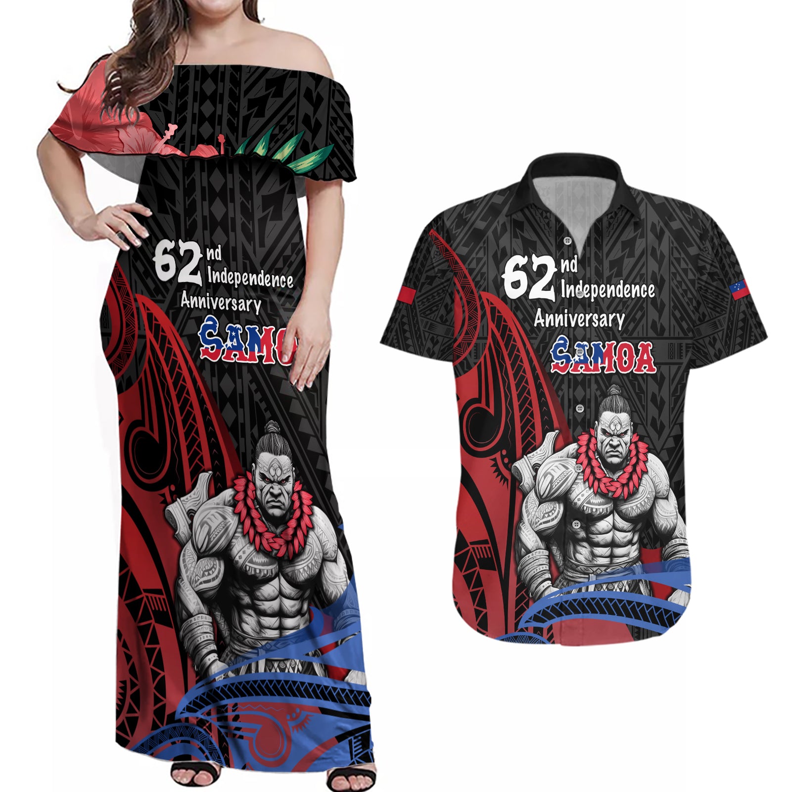 Samoa Independence Day Couples Matching Off Shoulder Maxi Dress and Hawaiian Shirt Samoan Warriors Ula Fala LT05 Black - Polynesian Pride