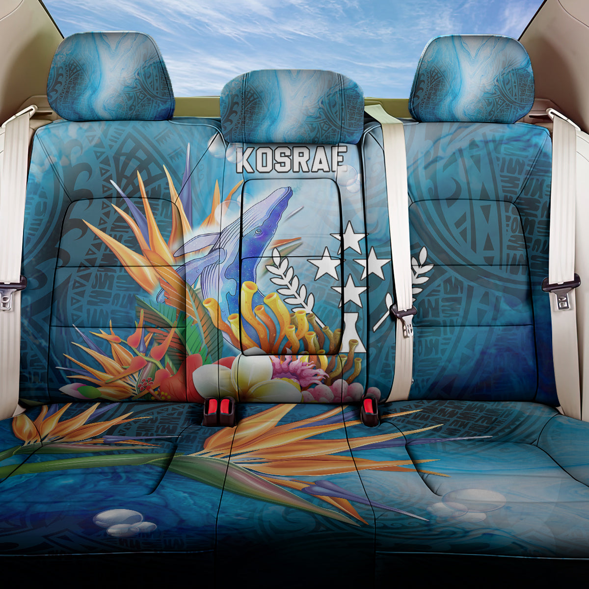 Kosrae Constitution Day Back Car Seat Cover Humpback Whale Tropical Flowers LT05 One Size Blue - Polynesian Pride