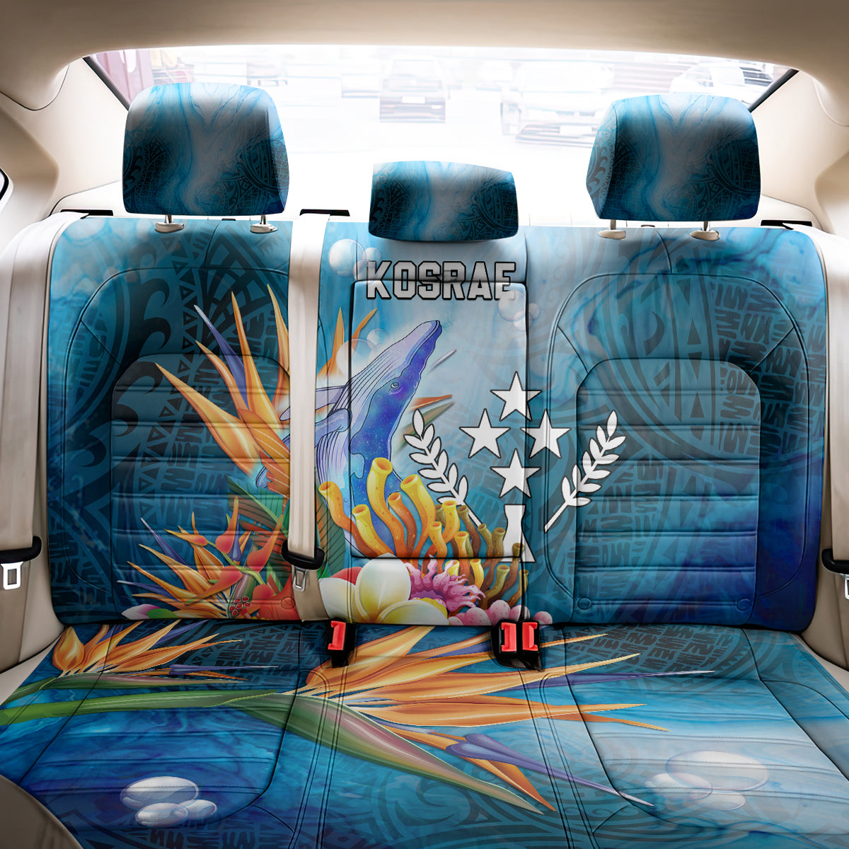 Kosrae Constitution Day Back Car Seat Cover Humpback Whale Tropical Flowers LT05 - Polynesian Pride