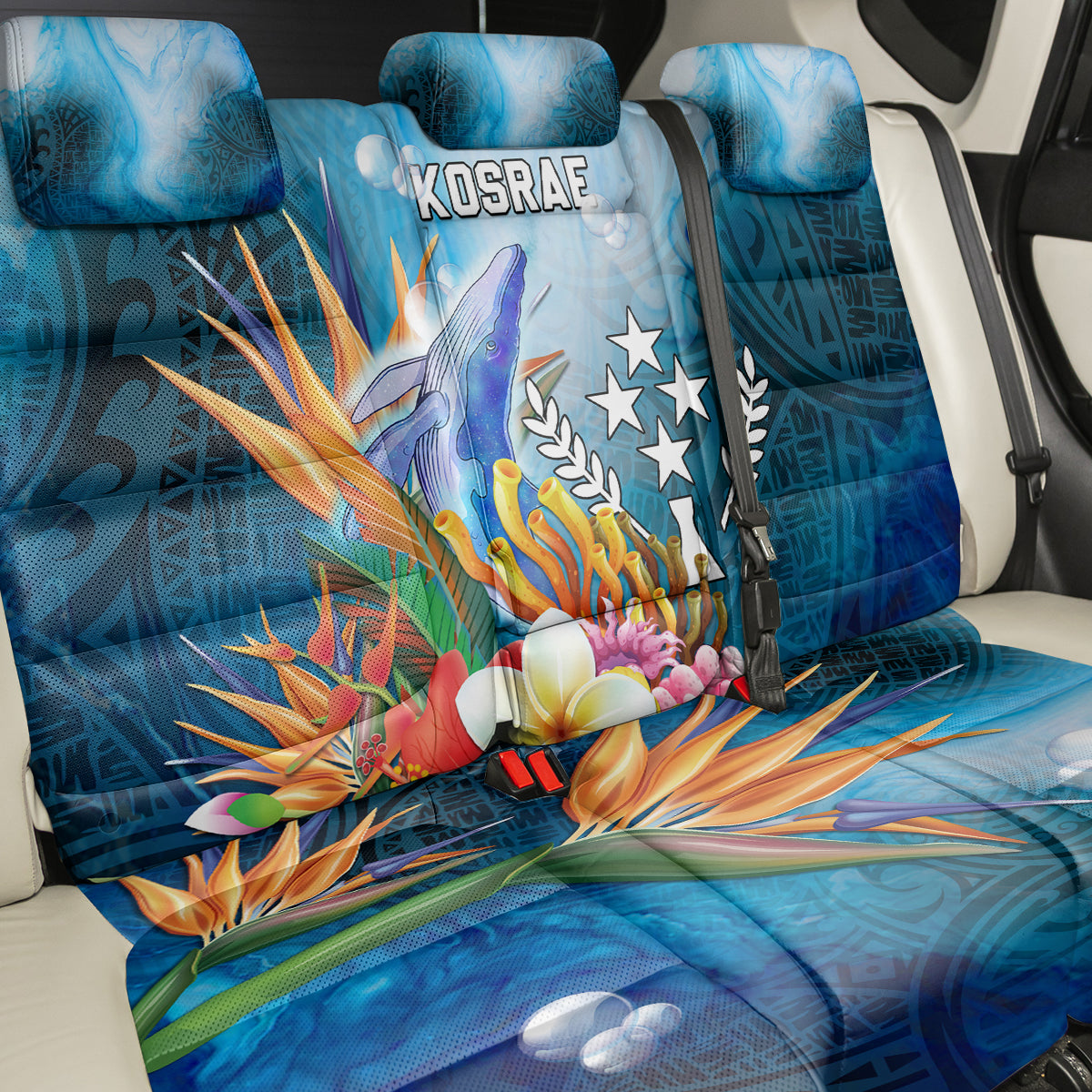 Kosrae Constitution Day Back Car Seat Cover Humpback Whale Tropical Flowers LT05 - Polynesian Pride
