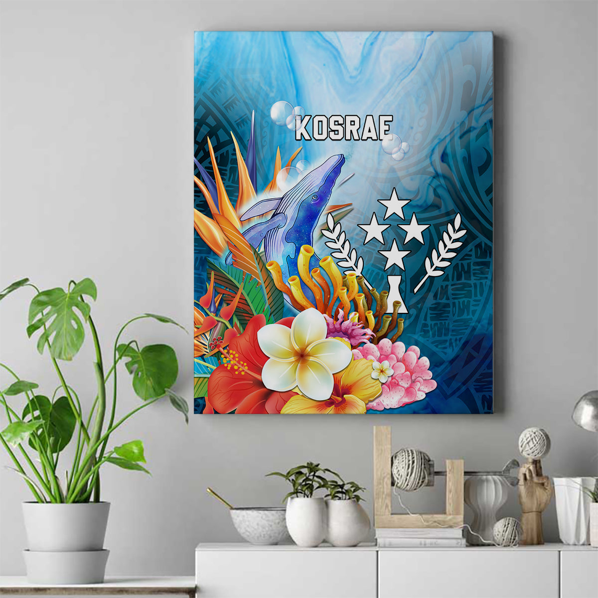 Kosrae Constitution Day Canvas Wall Art Humpback Whale Tropical Flowers LT05 Blue - Polynesian Pride