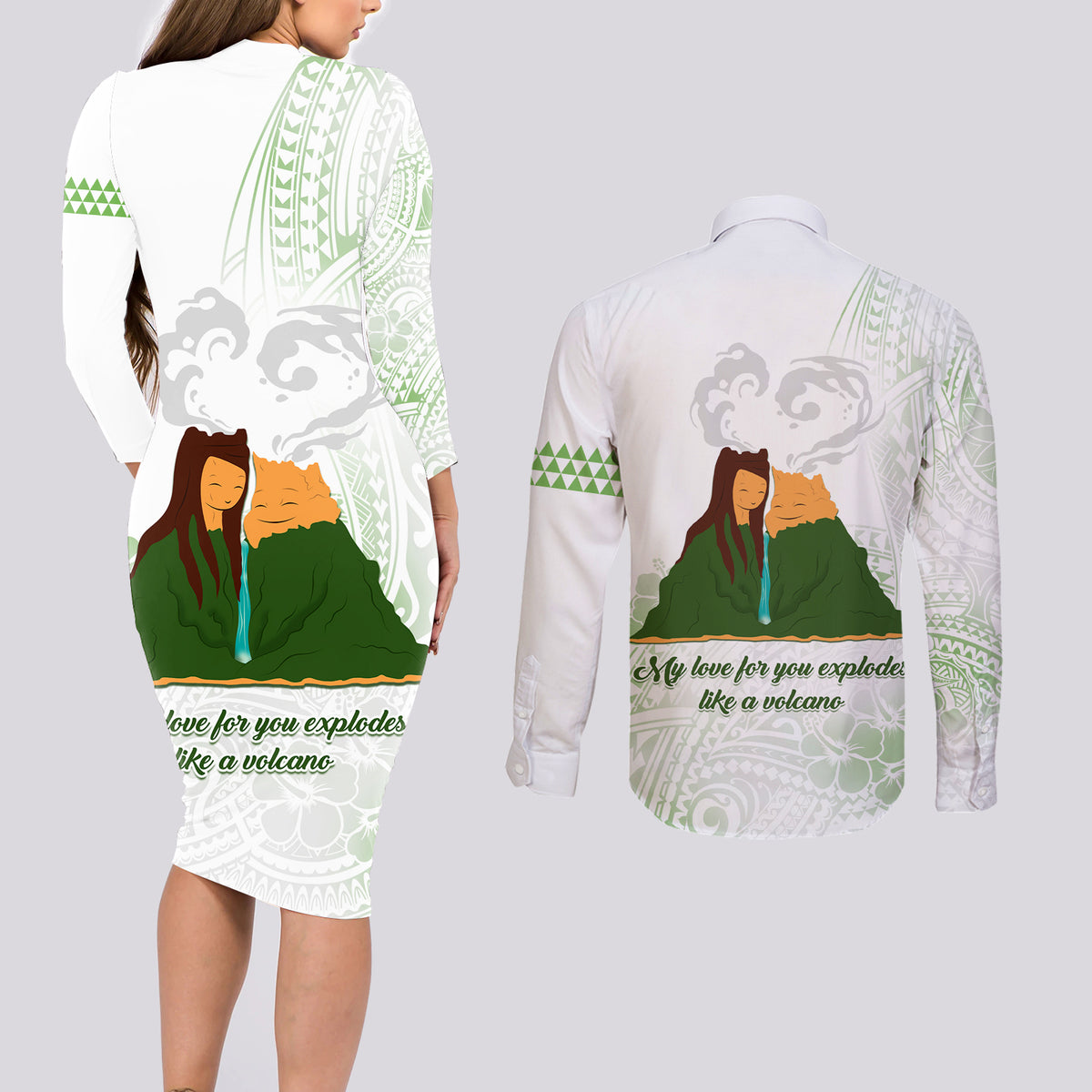Personalised I LAVA YOU Volcano Valentine Couples Matching Long Sleeve Bodycon Dress and Long Sleeve Button Shirt Polynesian Tribal Pattern LT05 - Polynesian Pride