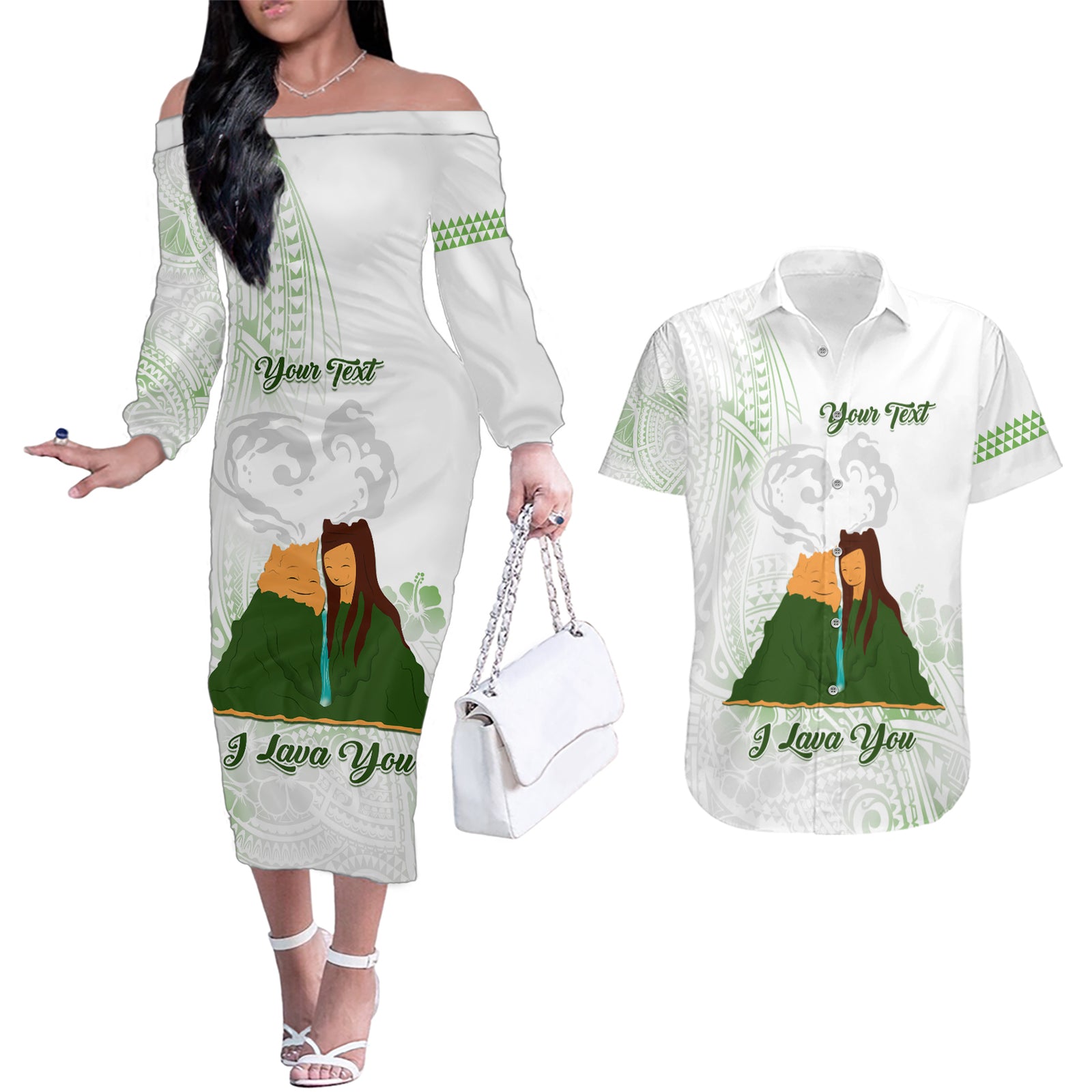 Personalised I LAVA YOU Volcano Valentine Couples Matching Off The Shoulder Long Sleeve Dress and Hawaiian Shirt Polynesian Tribal Pattern LT05 White - Polynesian Pride