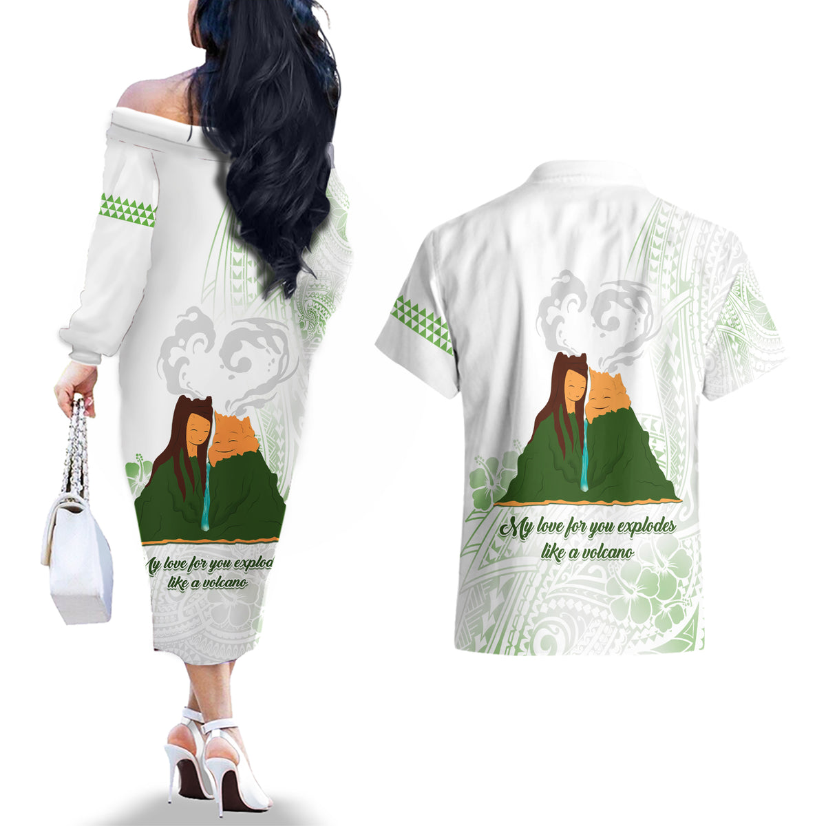 Personalised I LAVA YOU Volcano Valentine Couples Matching Off The Shoulder Long Sleeve Dress and Hawaiian Shirt Polynesian Tribal Pattern LT05 - Polynesian Pride