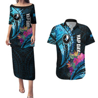 Personalised FSM Yap State Day Couples Matching Puletasi and Hawaiian Shirt Tropical Flowers Tribal Pattern LT05 Blue - Polynesian Pride