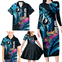 Personalised FSM Yap State Day Family Matching Long Sleeve Bodycon Dress and Hawaiian Shirt Tropical Flowers Tribal Pattern LT05 - Polynesian Pride
