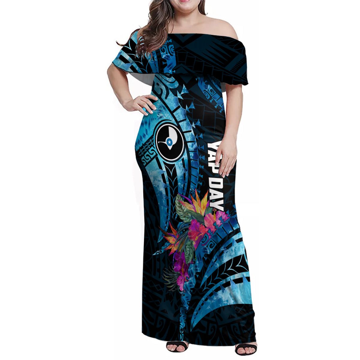 Personalised FSM Yap State Day Family Matching Off Shoulder Maxi Dress and Hawaiian Shirt Tropical Flowers Tribal Pattern LT05 Mom's Dress Blue - Polynesian Pride
