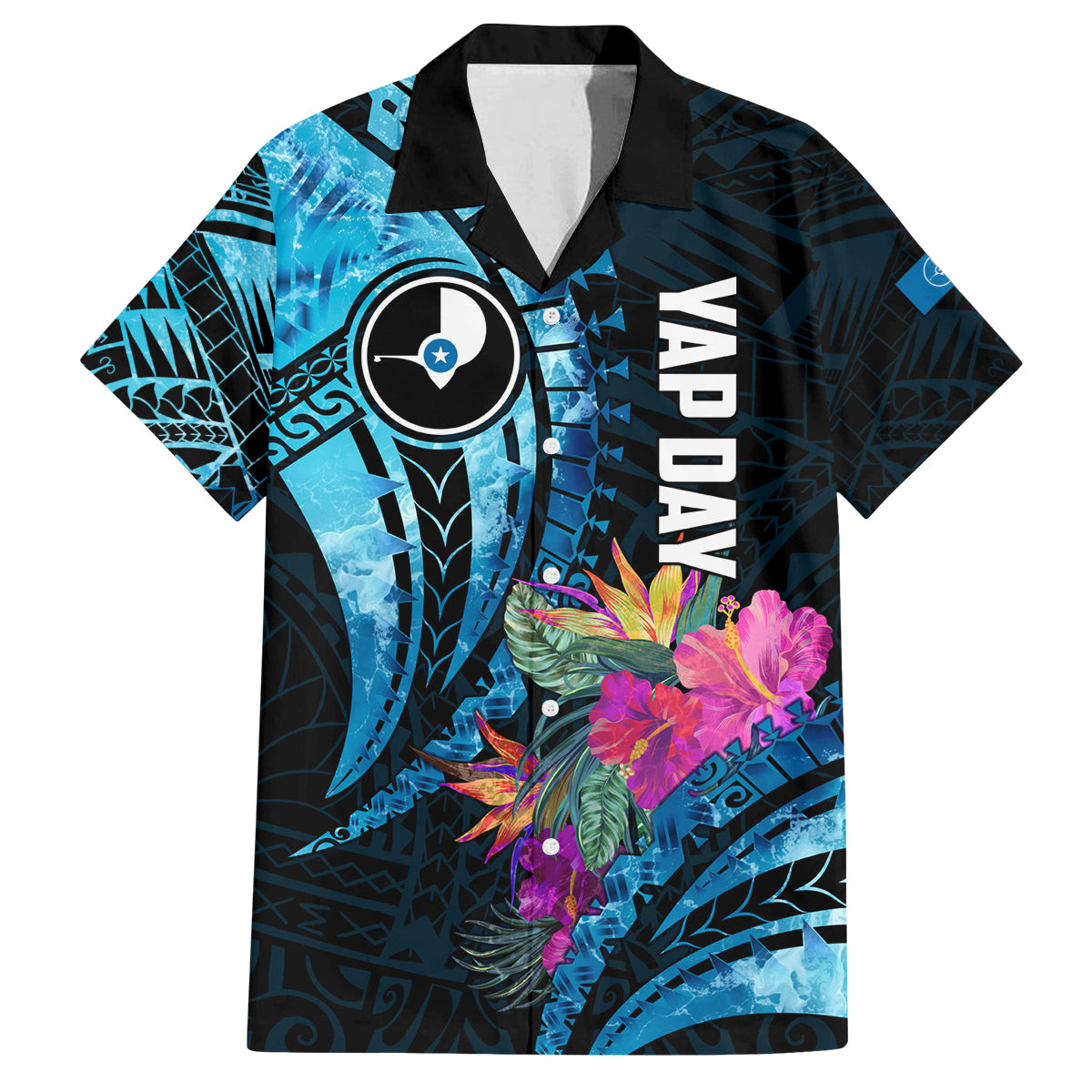 Personalised FSM Yap State Day Family Matching Puletasi and Hawaiian Shirt Tropical Flowers Tribal Pattern LT05 Dad's Shirt - Short Sleeve Blue - Polynesian Pride