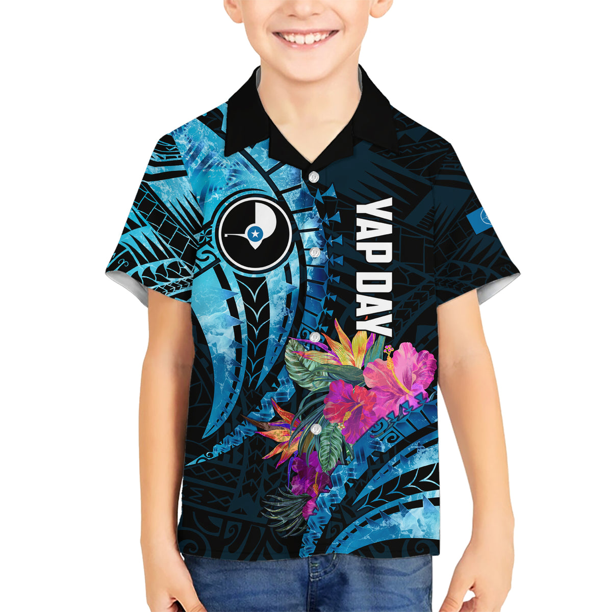 Personalised FSM Yap State Day Kid Hawaiian Shirt Tropical Flowers Tribal Pattern LT05 Kid Blue - Polynesian Pride