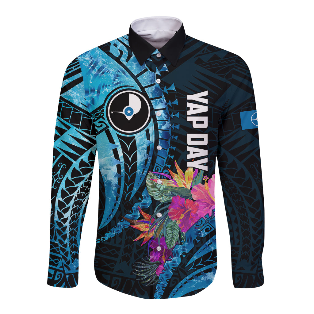 Personalised FSM Yap State Day Long Sleeve Button Shirt Tropical Flowers Tribal Pattern LT05 Unisex Blue - Polynesian Pride