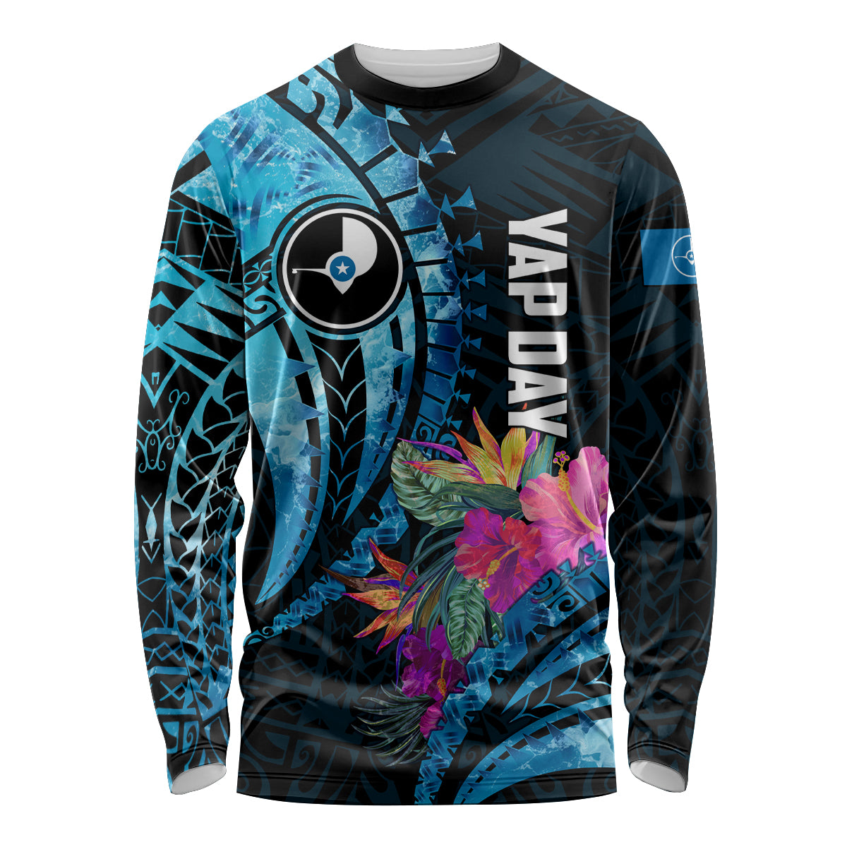 Personalised FSM Yap State Day Long Sleeve Shirt Tropical Flowers Tribal Pattern LT05 Unisex Blue - Polynesian Pride