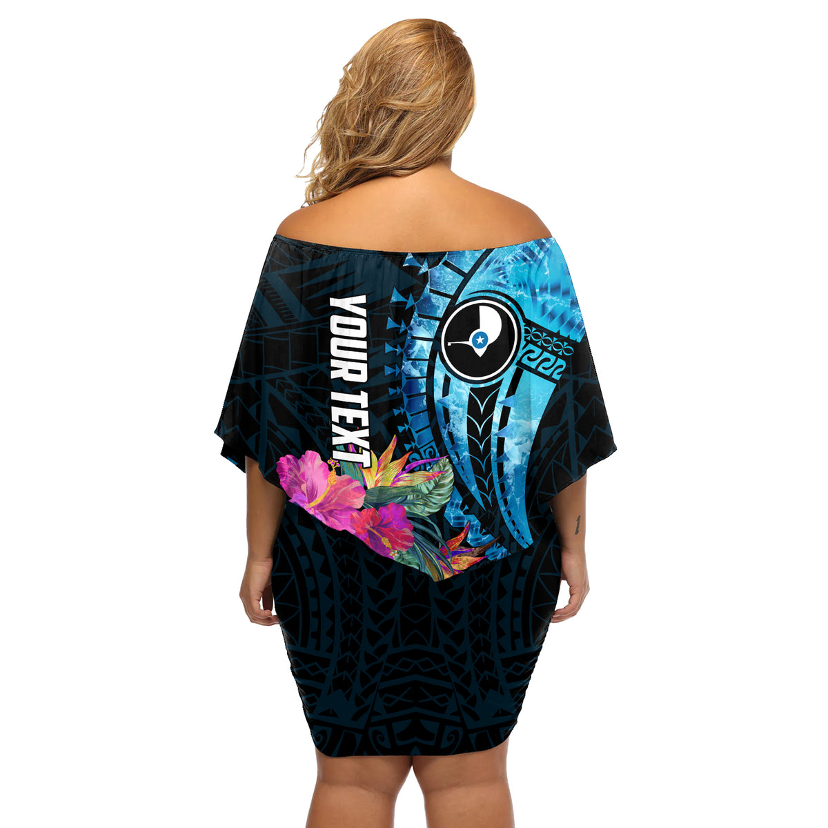 Personalised FSM Yap State Day Off Shoulder Short Dress Tropical Flowers Tribal Pattern LT05 - Polynesian Pride