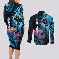 Personalised FSM Chuuk State Couples Matching Long Sleeve Bodycon Dress and Long Sleeve Button Shirt Tropical Flowers Tribal Pattern LT05 - Polynesian Pride