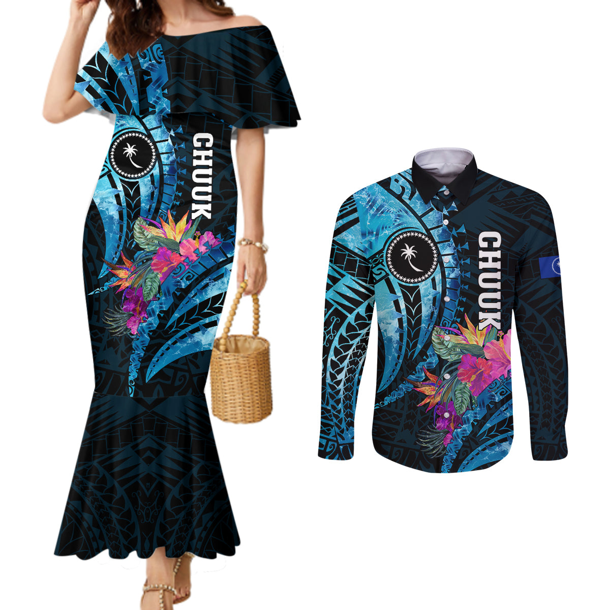 Personalised FSM Chuuk State Couples Matching Mermaid Dress and Long Sleeve Button Shirt Tropical Flowers Tribal Pattern LT05 Blue - Polynesian Pride