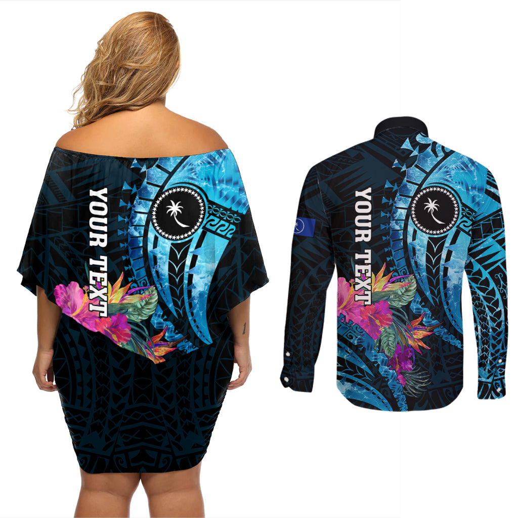 Personalised FSM Chuuk State Couples Matching Off Shoulder Short Dress and Long Sleeve Button Shirt Tropical Flowers Tribal Pattern LT05 - Polynesian Pride